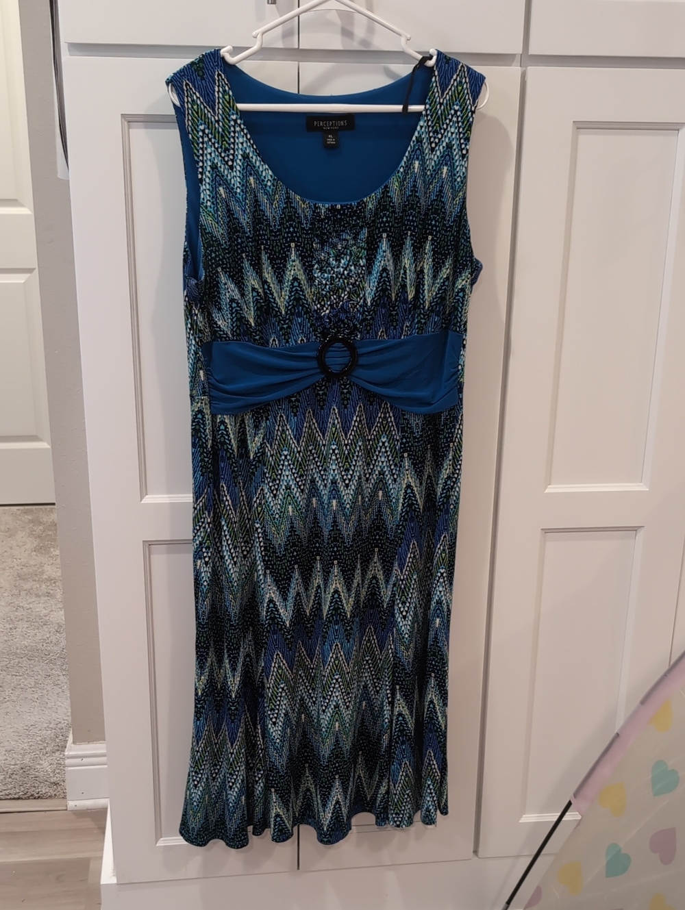 Perceptions Blue & Teal Zigzag Midi Dress with Waist Ring